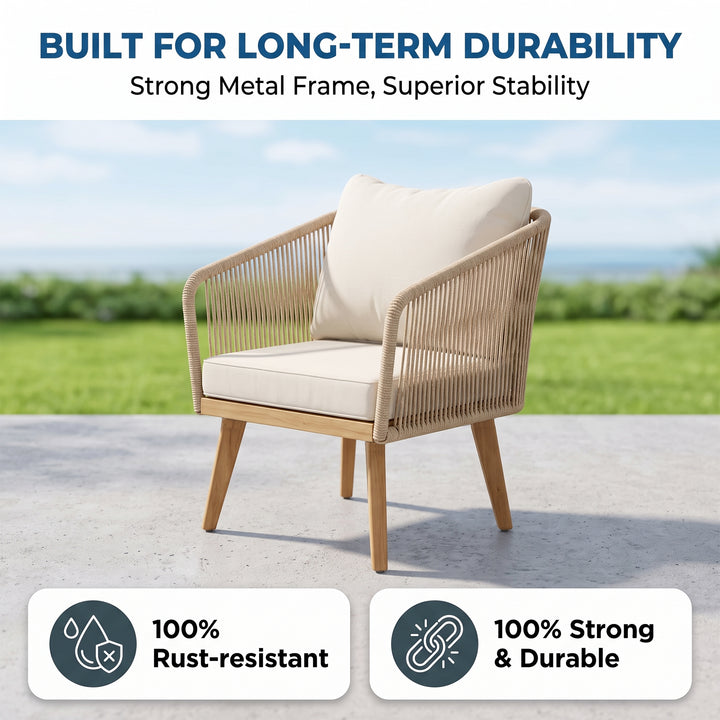 Eolia Outdoor Garden Balcony Sofa Set 2 Seater , 2 Single Seater 1 Center Table Set (Cream) Teak Wood and Braided & Rope