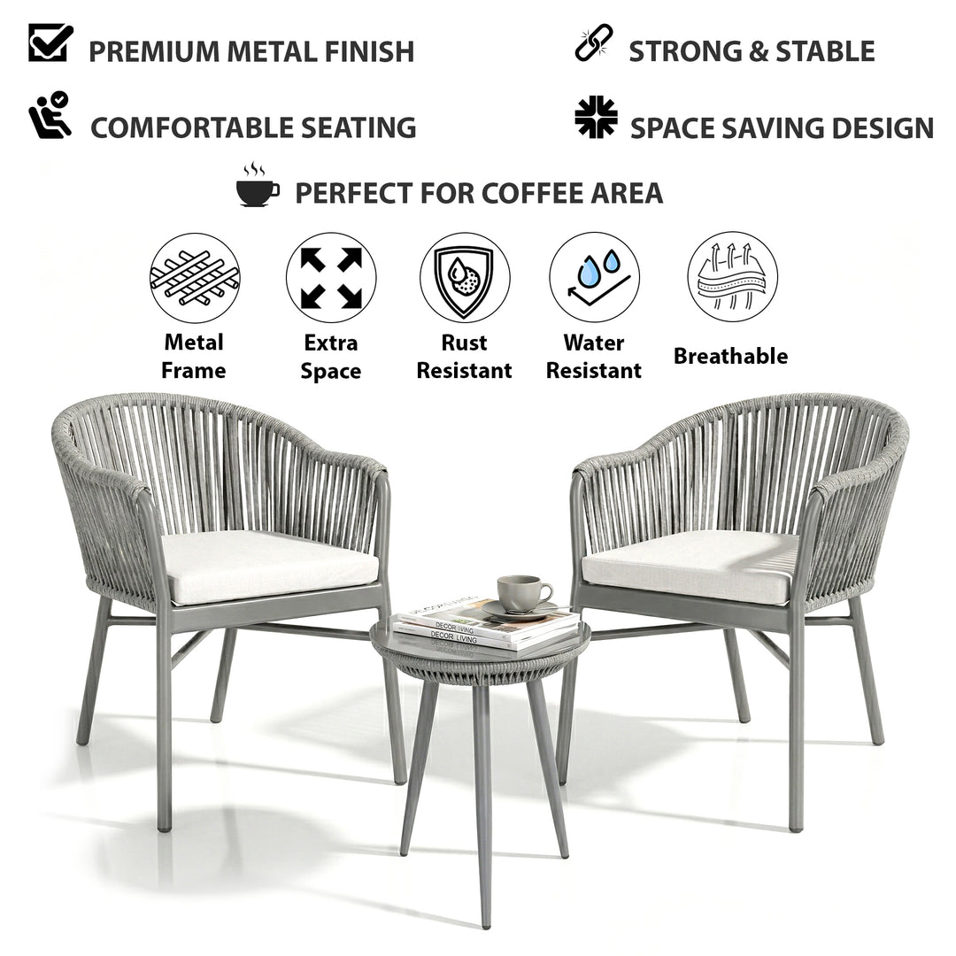 Remame Outdoor Patio Seating Set 2 Chairs and 1 Table Set (Grey) Braided & Rope