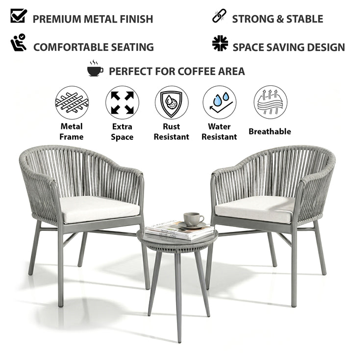 Remame Outdoor Patio Seating Set 2 Chairs and 1 Table Set (Grey) Braided & Rope