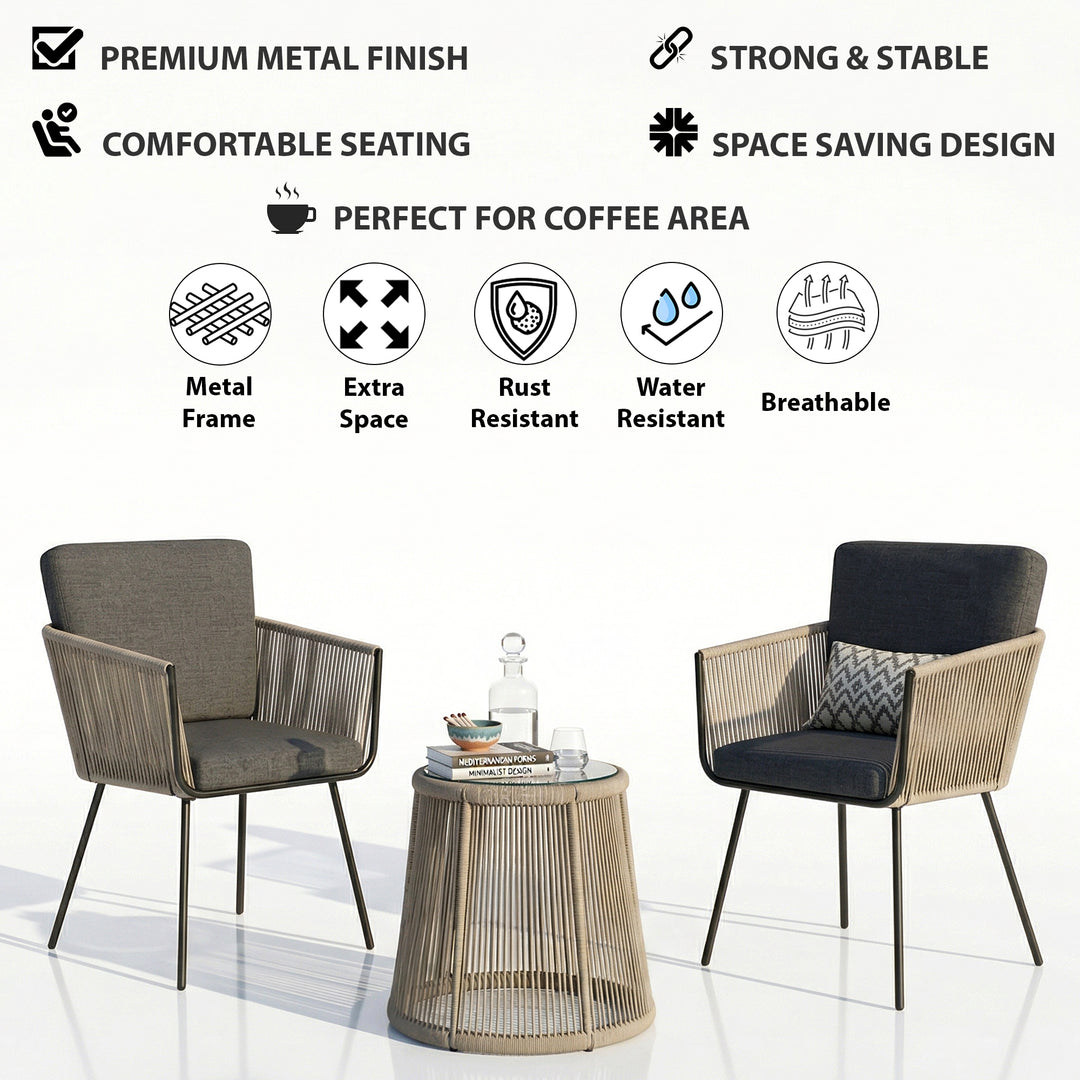 Odila Outdoor Patio Seating Set 2 Chairs and 1 Table Set (GREY+BROWN) Braided & Rope