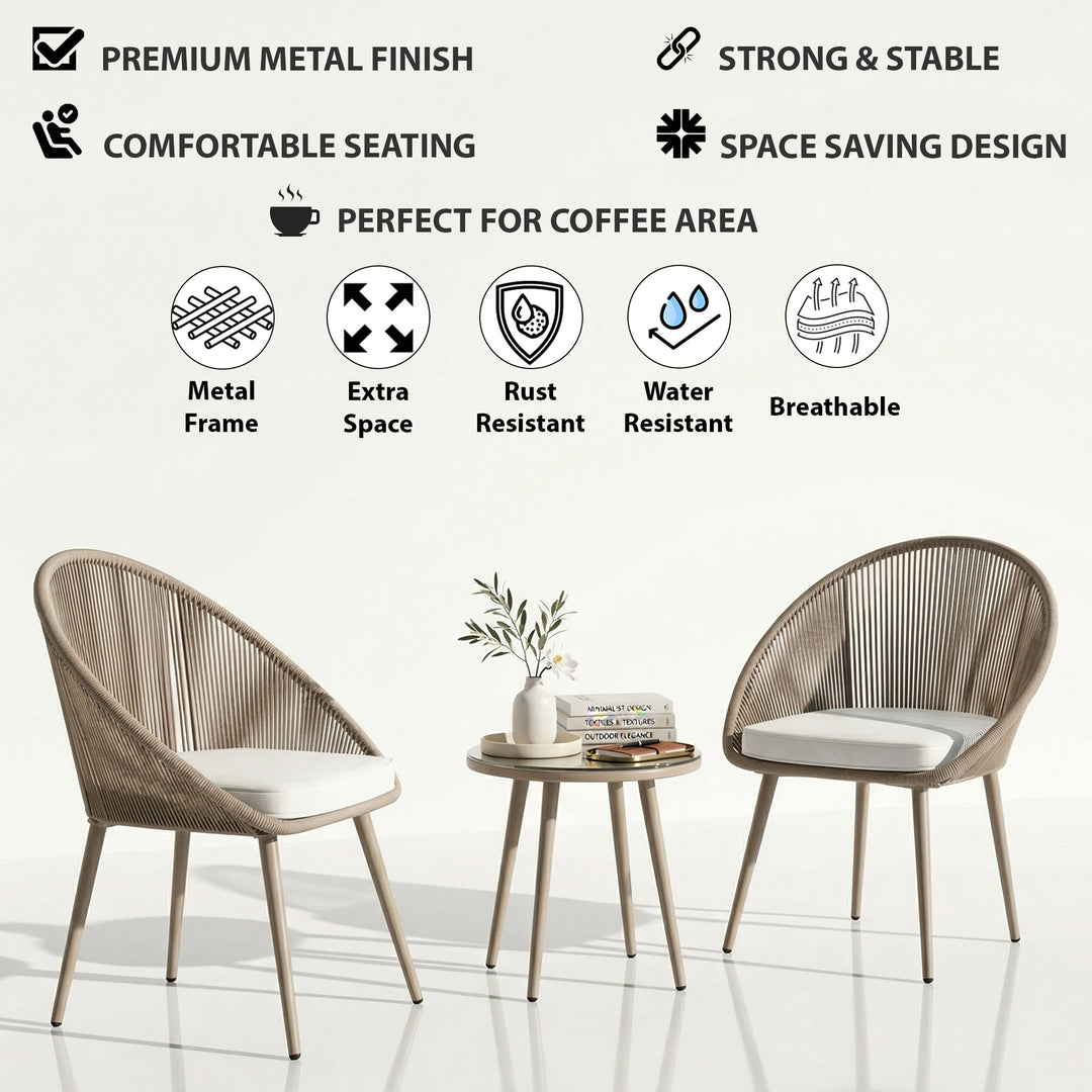 Molo Outdoor Patio Seating Set 2 Chairs and 1 Table Set (Beige) Braided & Rope