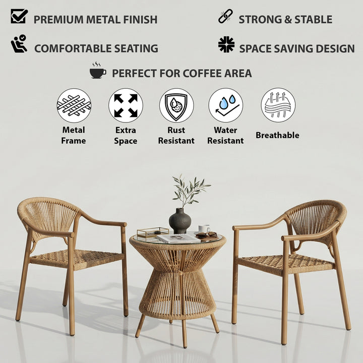 Ikra Outdoor Patio Seating Set 2 Chairs and 1 Table Set (Beige) Braided & Rope