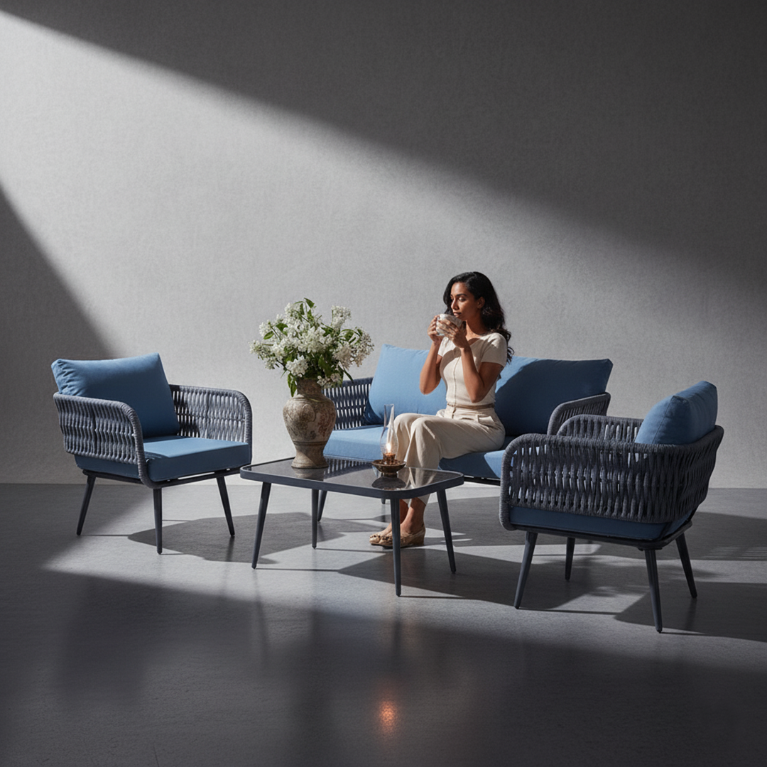 Polari Outdoor Garden Balcony Sofa Set 2 Seater , 2 Single Seater 1 Center Table Set (Grey) Braided and Rope