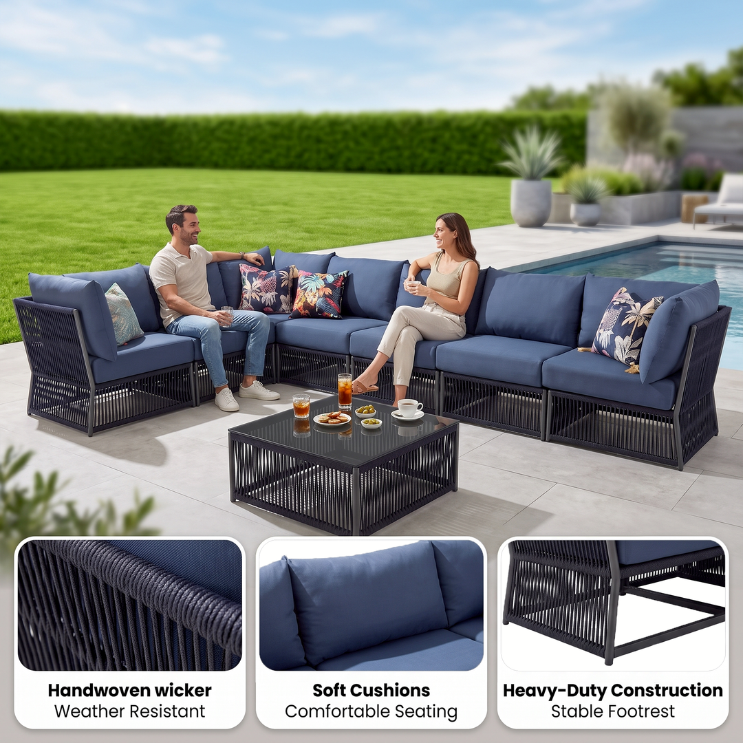 Valencia Outdoor Sofa Set 7 Seater, 1 Center Table Set Braided & Rope
