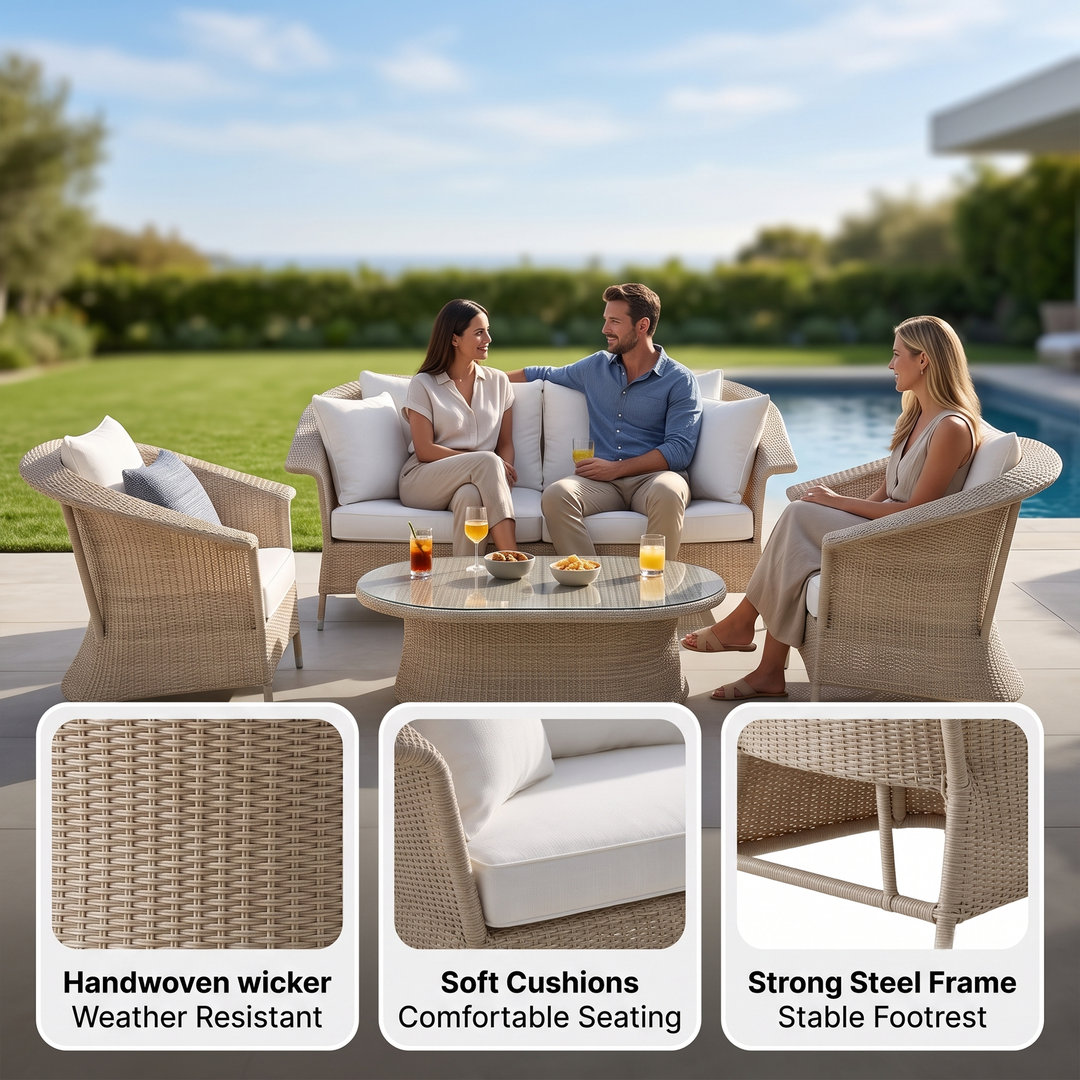 Sileo Outdoor Sofa Set 2 Seater , 2 Single seater and 1 Center Table Set (Beige)