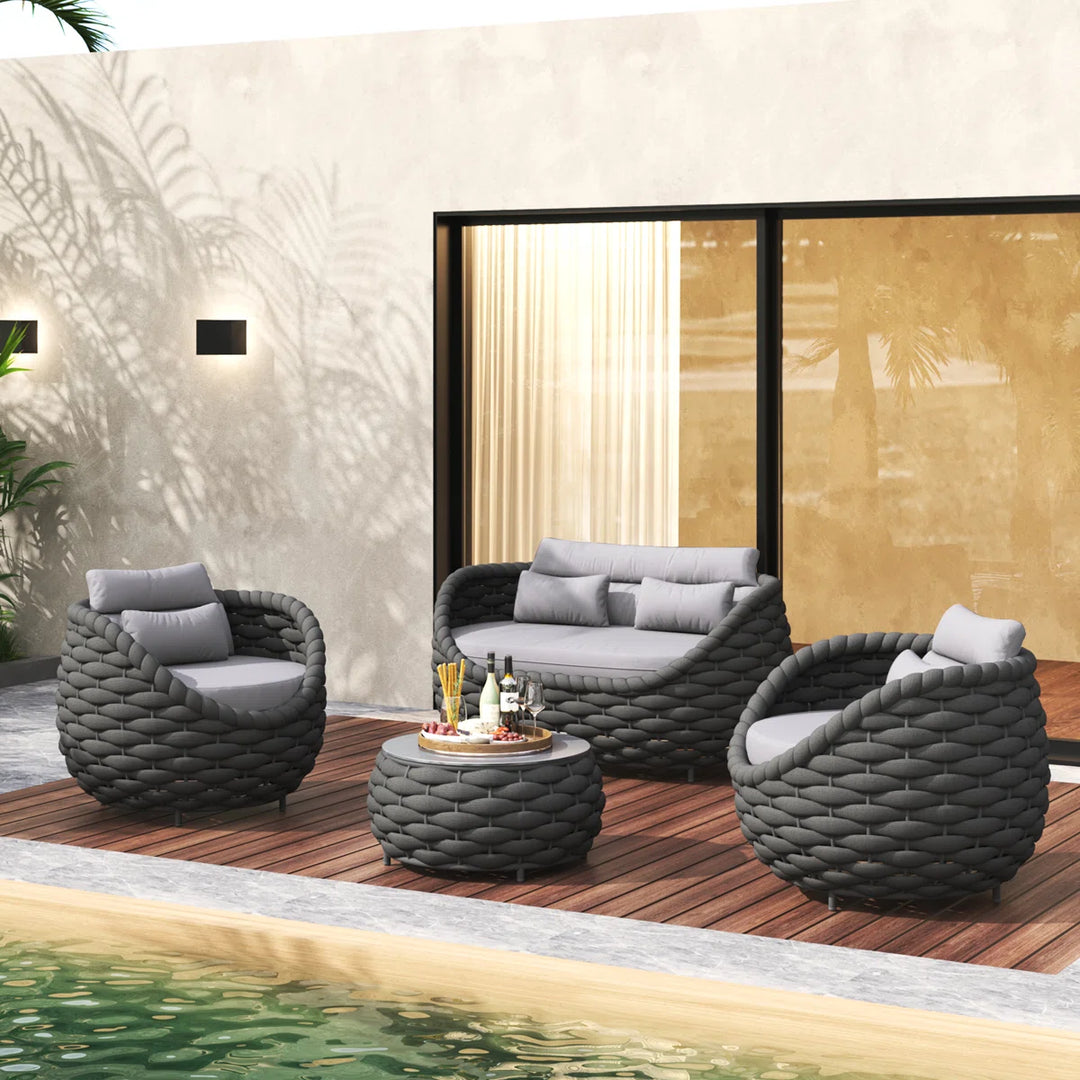 Eiva Outdoor Sofa Set 2 Seater, 2 Single seater and 1 Center Table (Light Grey) Braided & Rope