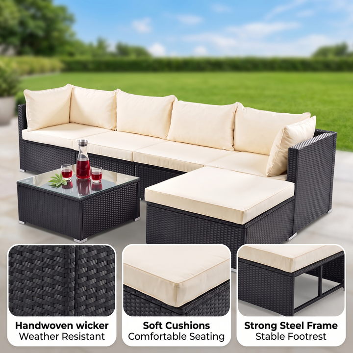 Ollie Outdoor Patio Sofa Set 4 Seater and 1 Table With 1 Ottoman Set (Black + Cream)
