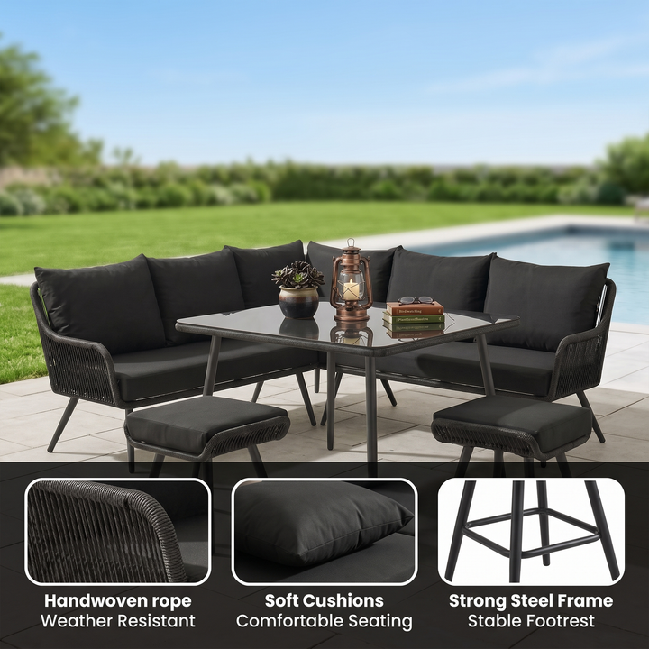Stash Outdoor Garden Balcony Sofa Set 5 Seater  and 1 Center Table With 2 Ottoman Set (Beige)