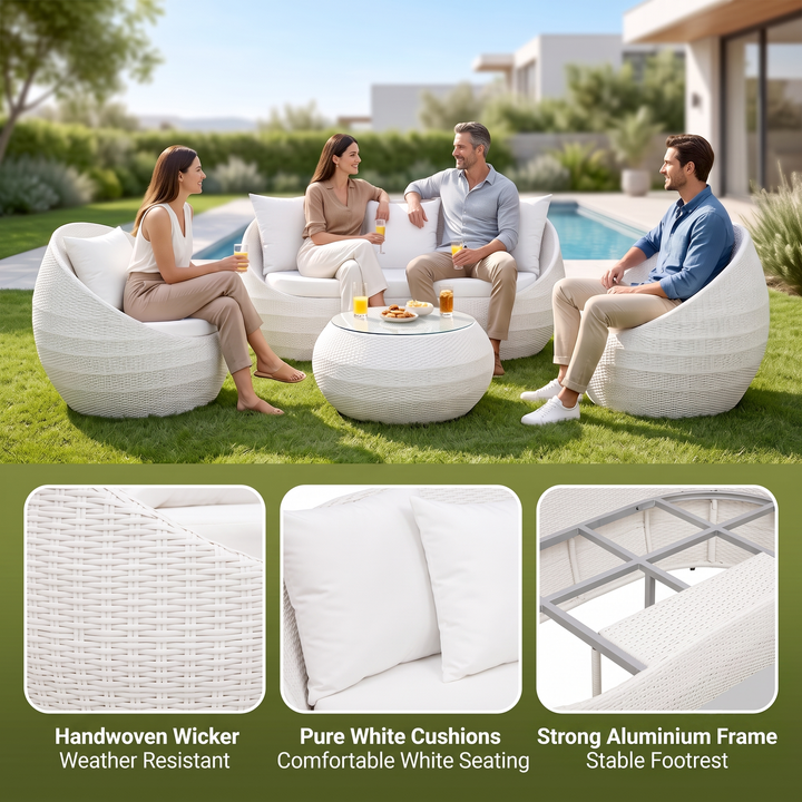 Retto Outdoor Sofa Set 2 Seater , 2 Single seater and 1 Center Table Set (White)