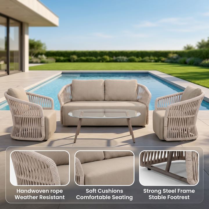 Thoma Outdoor Garden Balcony Sofa Set 2 Seater , 2 Single Seater 1 Center Table Set, Braid & Rope
