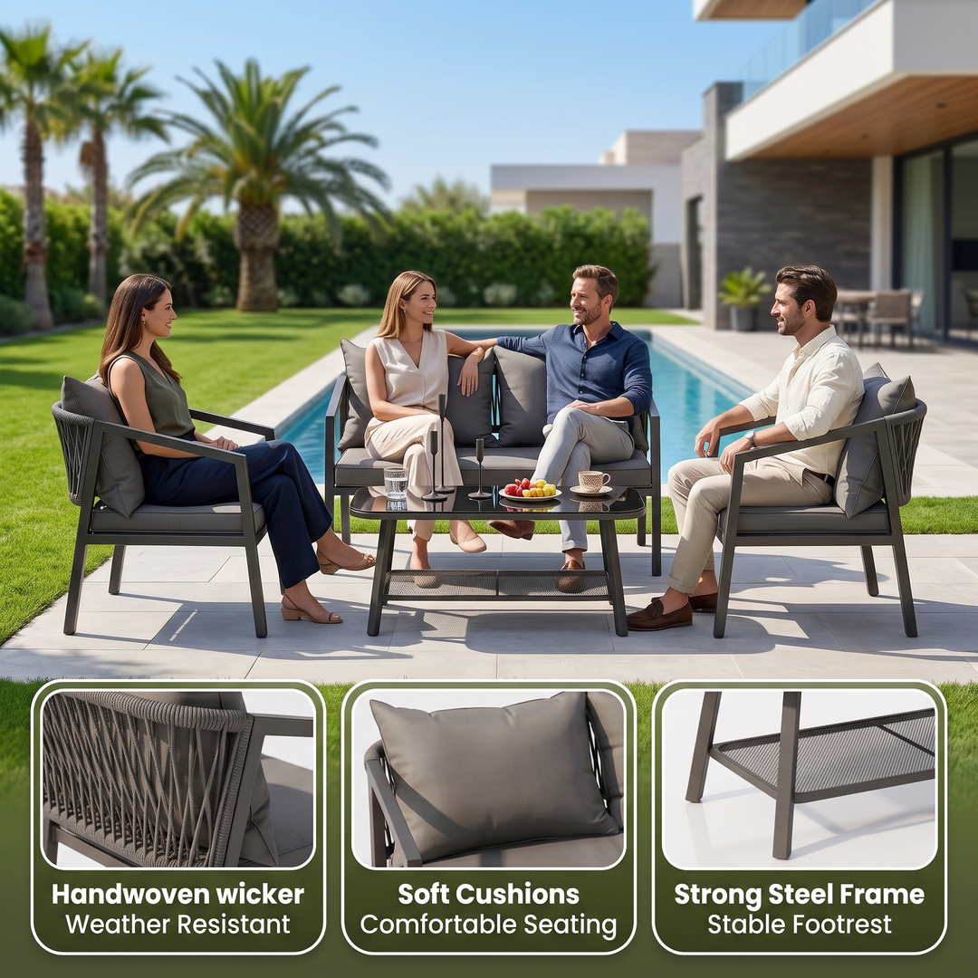 Siti Outdoor Garden Balcony Sofa Set 2 Seater , 2 Single Seater 1 Center Table Set (Black) Braided and Rope