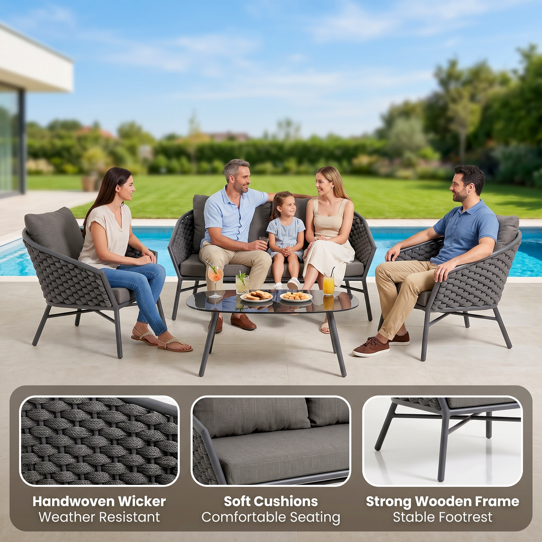 Venezia Outdoor Sofa Set 2 Seater, 2 Single seater and 1 Center Table Braided & Rope