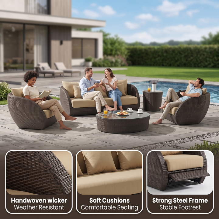 Zomera Outdoor Garden Balcony Sofa Set 3 Seater, 2 Single seater and 1 Center Table With Side Table Set (Brown)