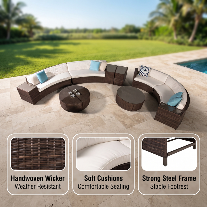 Rossi Outdoor Patio Round Sofa Set 8 Seater , 1 Side table and 2 Center Table (Brown)