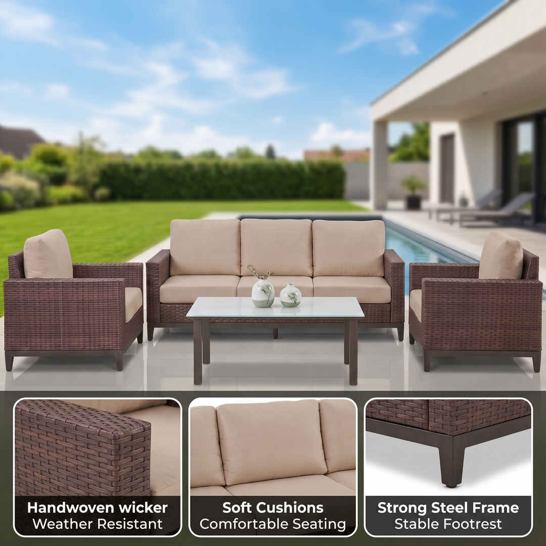 Tello Outdoor Garden Balcony Sofa Set 3 Seater, 2 Single seater and 1 Center Table Set (Brown)