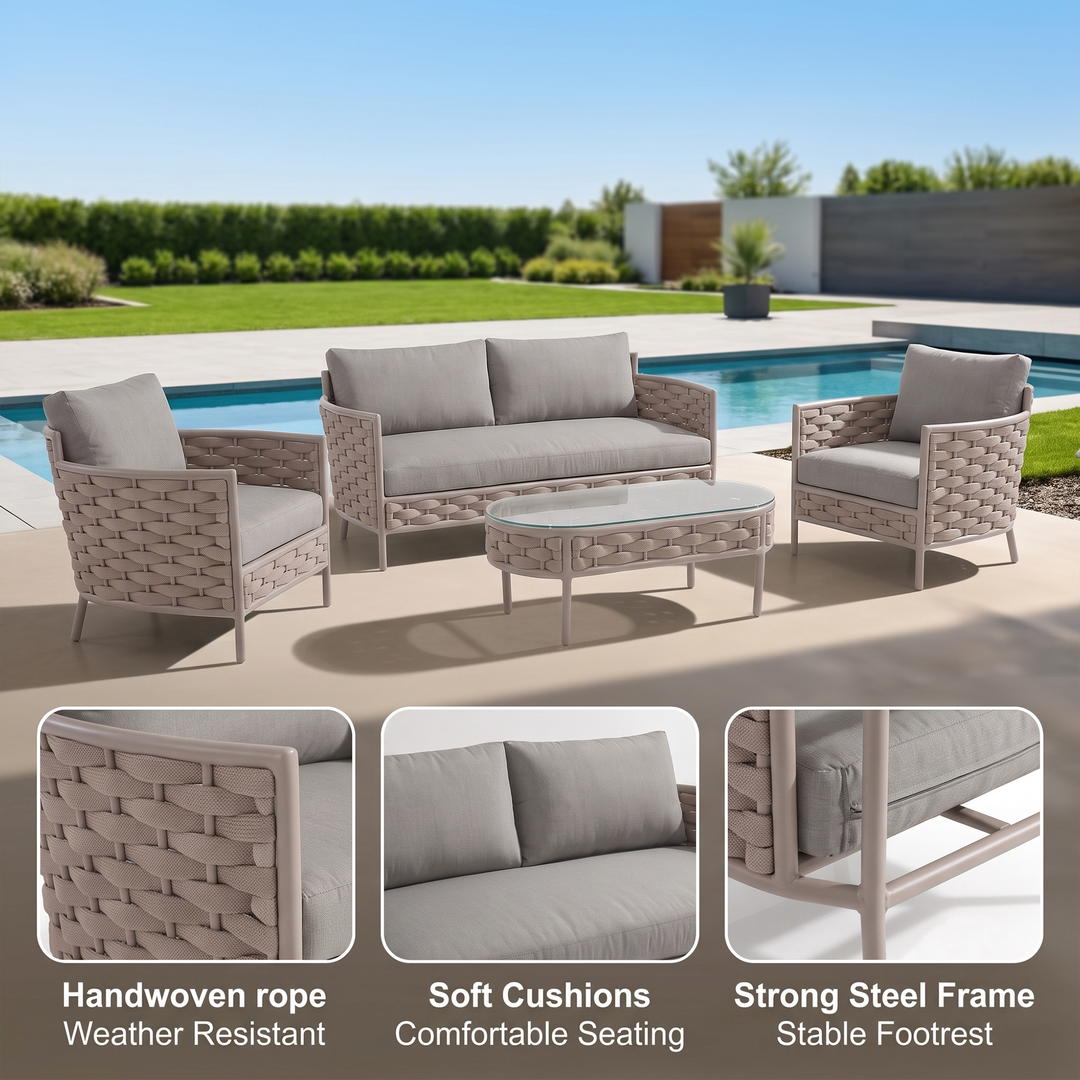 Nivio Outdoor Garden Balcony Sofa Set 2 Seater, 2 Single seater and 1 Center Table Set ( Biege) Braid & Rope