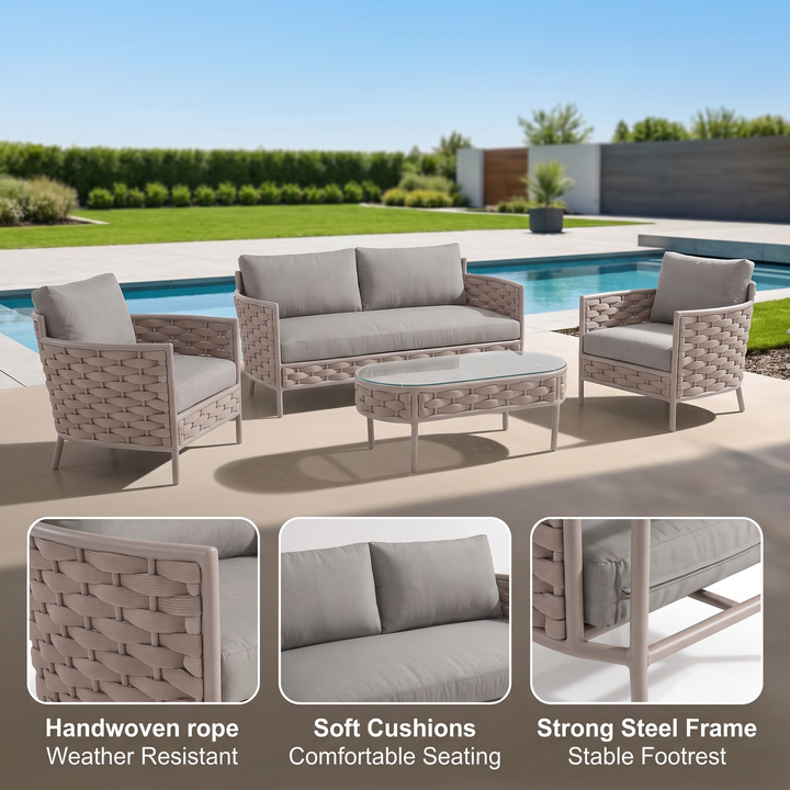 Nivio Outdoor Garden Balcony Sofa Set 2 Seater, 2 Single seater and 1 Center Table Set ( Biege) Braid & Rope