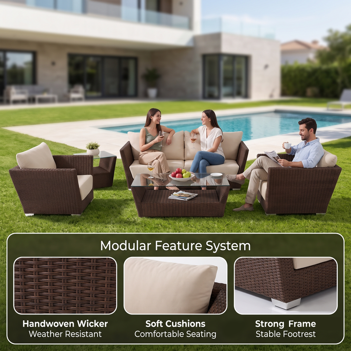 Reflin Outdoor Garden Balcony Sofa Set 2 Seater , 2 Single Seater and 1 Center Table With 1 Side Table Set (Brown + Beige)