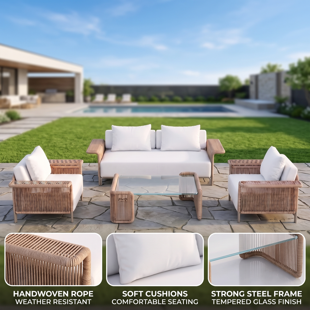 Parlak Outdoor Garden Balcony Sofa Set 2 Seater, 2 Single seater and 1 Center Table  Set (Beige) Braided & Rope