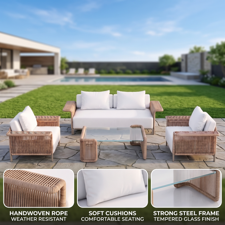Parlak Outdoor Garden Balcony Sofa Set 2 Seater, 2 Single seater and 1 Center Table  Set (Beige) Braided & Rope