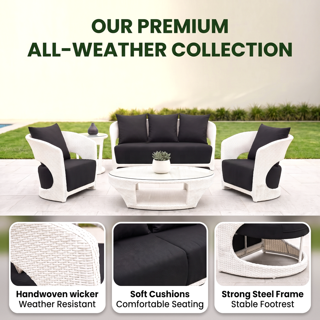 Zibra Outdoor Garden Balcony Sofa Set 2 Seater , 2  Single Seater 1 Center Table With Side Table  Set (White)