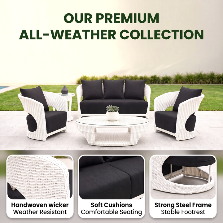 Zibra Outdoor Garden Balcony Sofa Set 2 Seater , 2  Single Seater 1 Center Table With Side Table  Set (White)