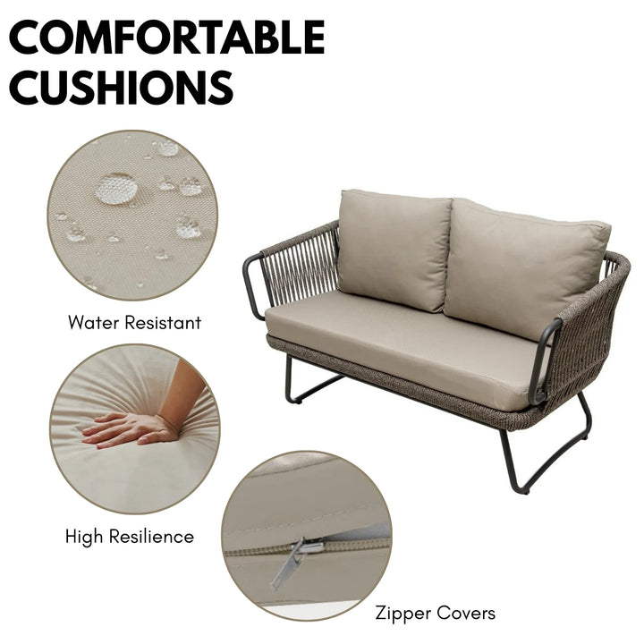 Pinon Outdoor Garden Balcony Sofa Set 2 Seater , 2 Single Seater 1 Center Table Set (Beige) Braided and Rope