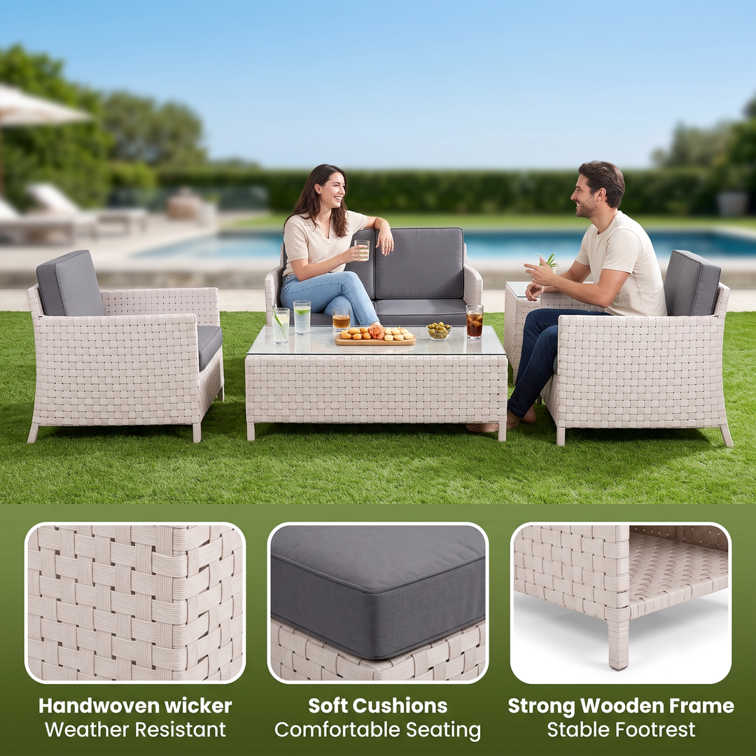 Tecla Outdoor Sofa Set 2 Seater , 2 Single seater and 1 Center Table (Off White)
