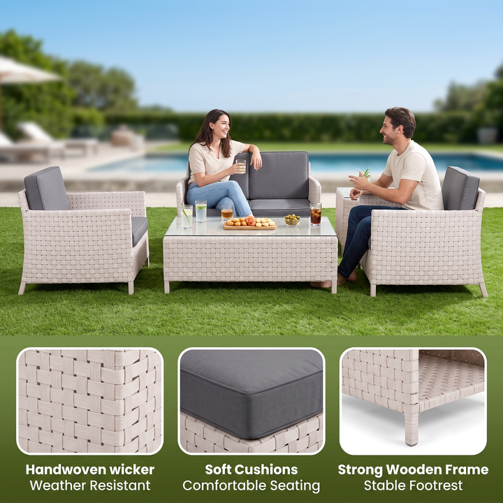 Tecla Outdoor Sofa Set 2 Seater , 2 Single seater and 1 Center Table (Off White)