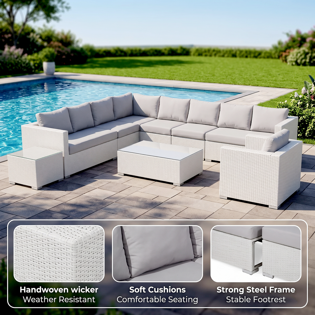 Ulva Outdoor Sofa Set 8 Seater , Single Seater and 2 Center Table Set (White)