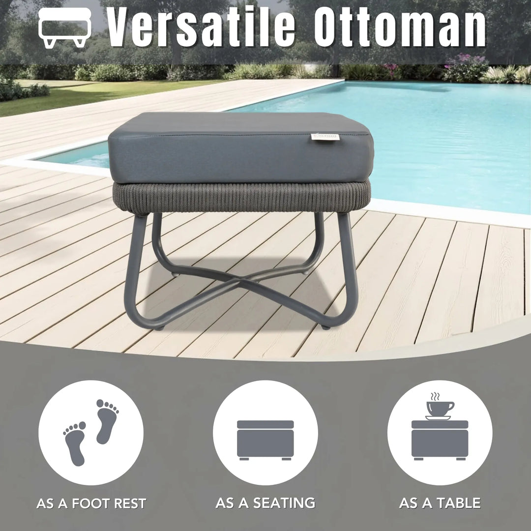 Castolo Outdoor Garden Balcony Sofa Set 3 Seater, 2 Single Seater 1 Ottoman and 1 Center Table Set Braid & Rope (Grey)