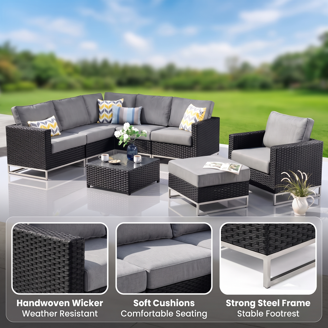 Slue Outdoor Sofa Set 5 Seater , Single seater With Ottoman and 1 Center Table Set (Black)