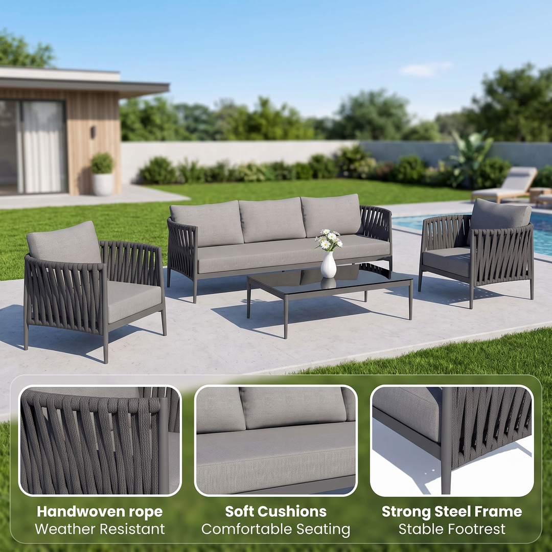 Pablo Outdoor Garden Balcony Sofa Set 3 Seater, 2 Single seater and 1 Table Set Braid & Rope (Dark Grey)