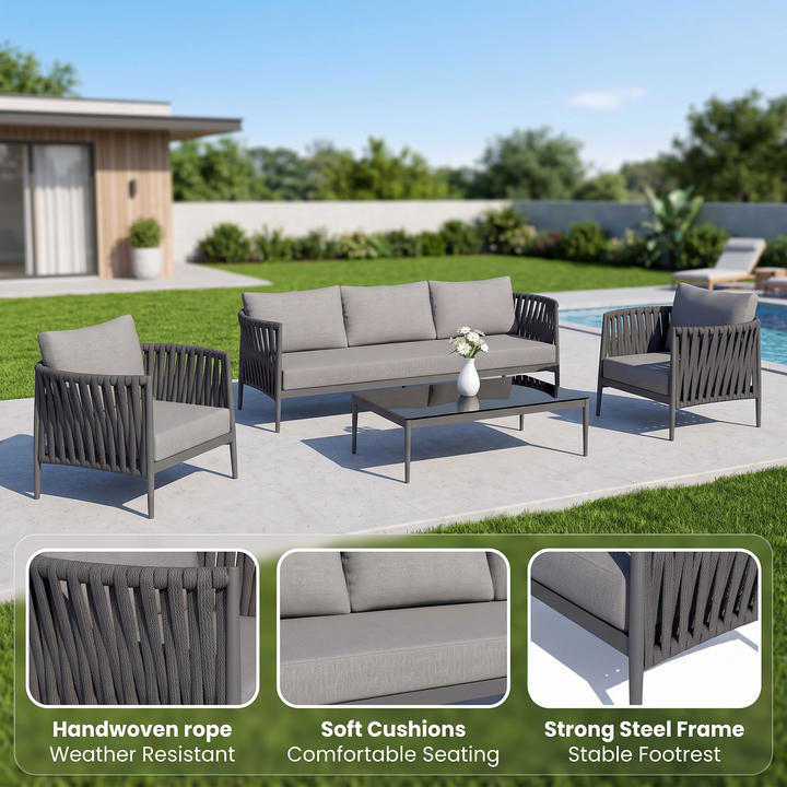 Pablo Outdoor Garden Balcony Sofa Set 3 Seater, 2 Single seater and 1 Table Set Braid & Rope (Dark Grey)