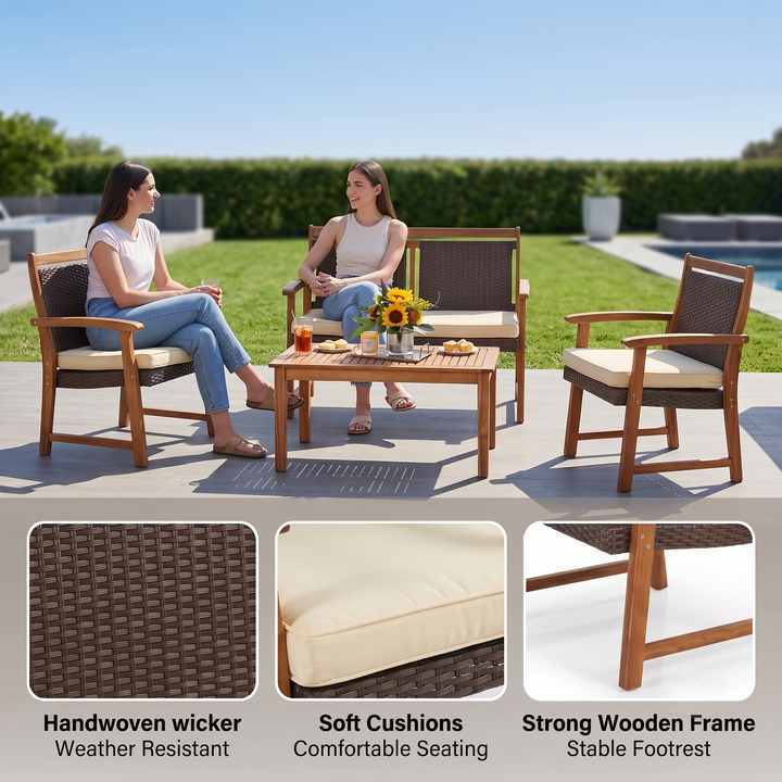 Zyan Outdoor Garden Balcony Sofa Set 2 Seater , 2 Single Seater 1 Center Table Set (Brown) Braided and Rope