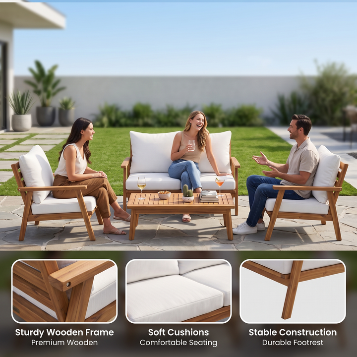 Terra Outdoor Garden Balcony Sofa Set 2 Seater , 2 Single Seater 1 Center Table Set (White) Teak Wood and Braided & Rope