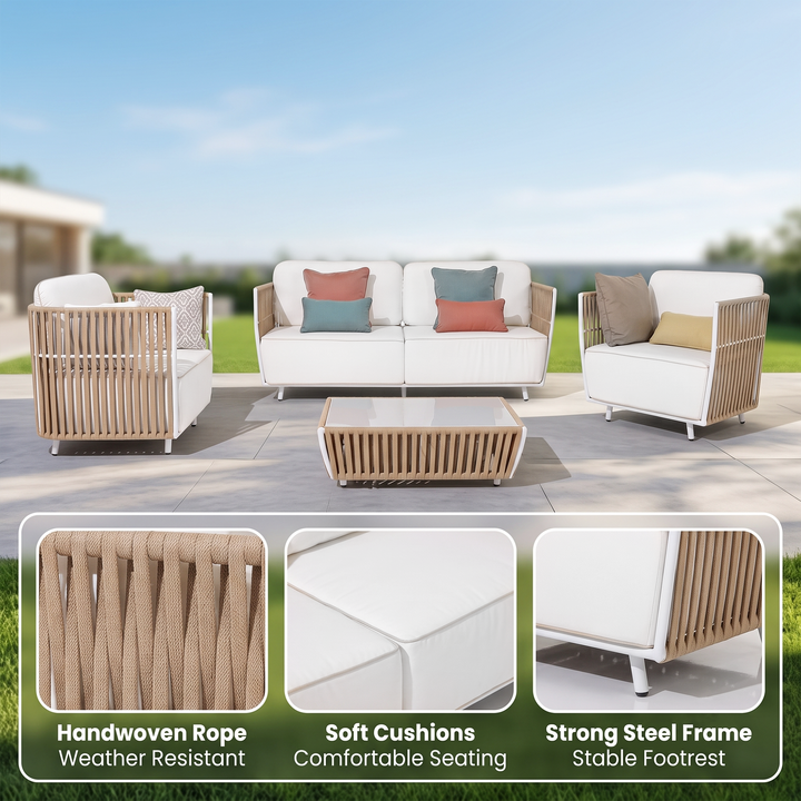 Swoop Outdoor Garden Balcony Sofa Set 2 Seater, 2 Single seater and 1 Table Set (Beige)