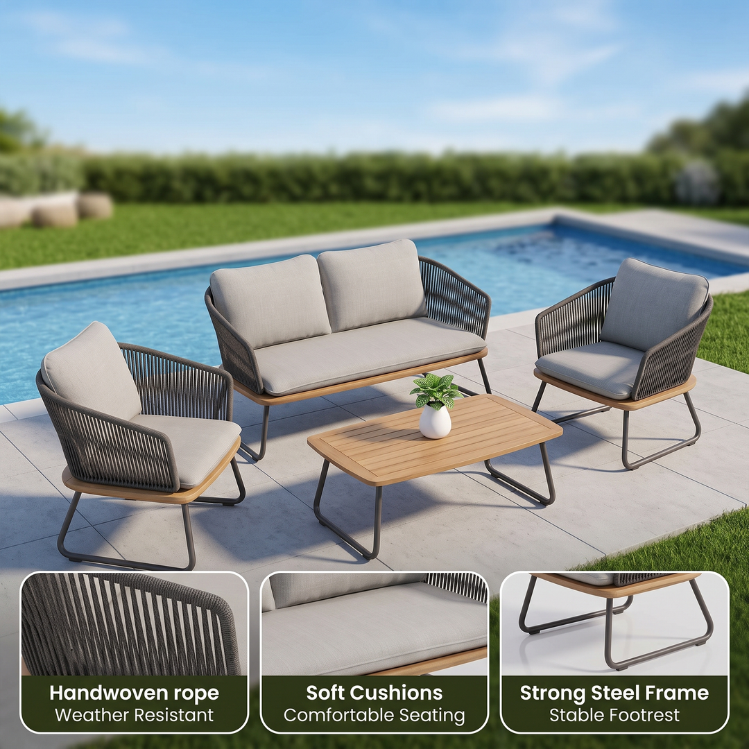 Reevo Outdoor Garden Balcony Sofa Set 2 Seater , 2 Single Seater 1 Center Table Set (Dark Grey) Braided and Rope