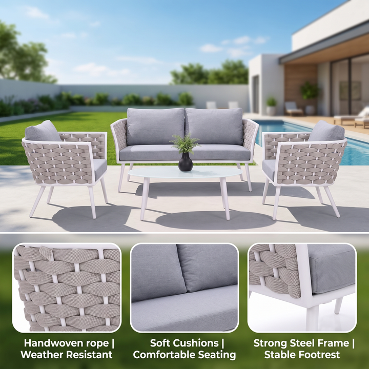 Pozen Outdoor Garden Balcony Sofa Set  2 Seater, 2 Single seater and 1 Center Table Set, Braid & Rope (White)