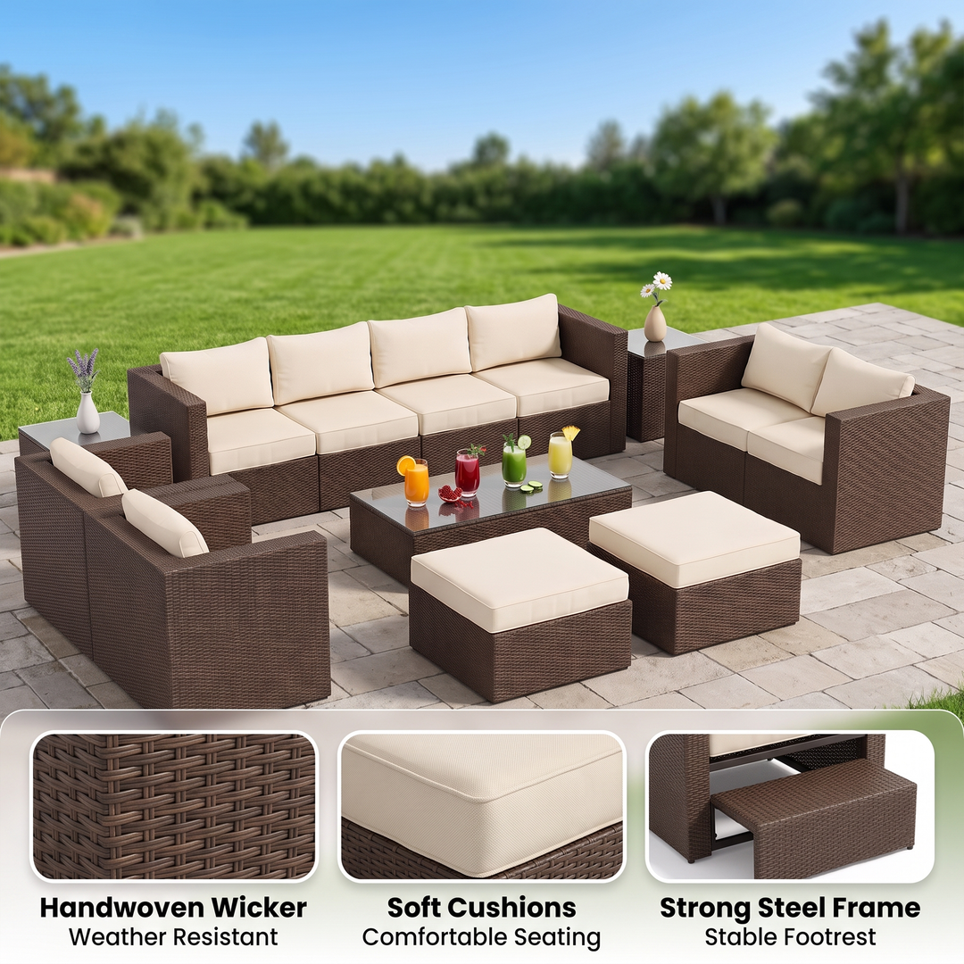 Olivier Outdoor Sofa Set 4 Seater ,2 Seater, 2 Single Seater and 2 Center Table with 2 Ottoman Set (Brown +Cream)