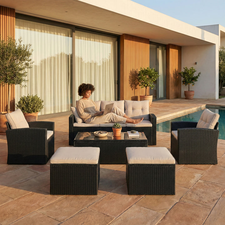 Vibo Outdoor Garden Balcony Sofa Set 3 Seater, 2 Single seater, 2 Ottoman and 1 Center Table Conversation Set (Black)