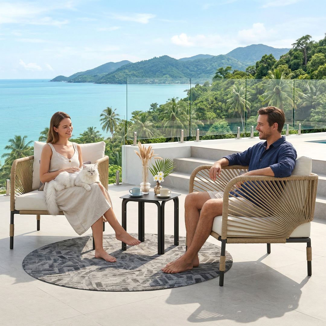 Madera Outdoor Patio Seating Set 2 Chairs and 1 Table Set (Beige) Braided & Rope