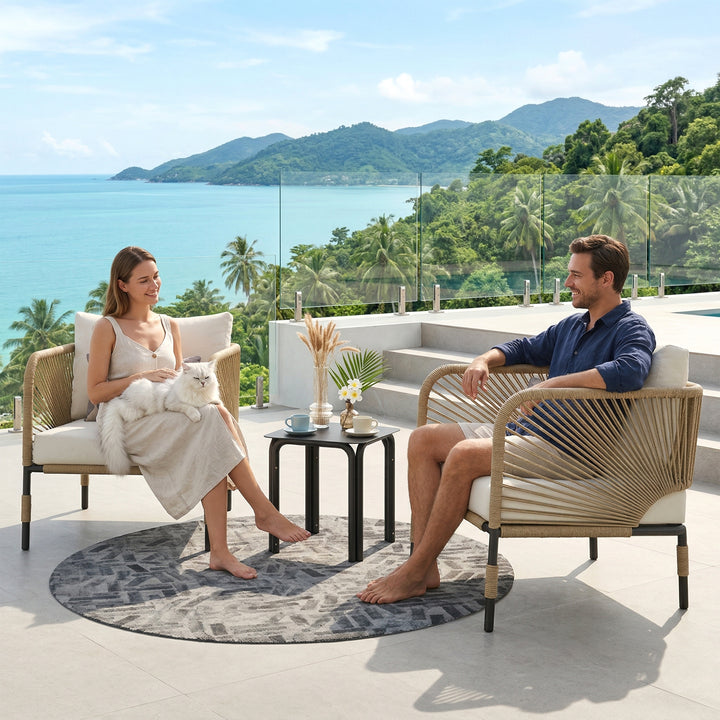 Madera Outdoor Patio Seating Set 2 Chairs and 1 Table Set (Beige) Braided & Rope