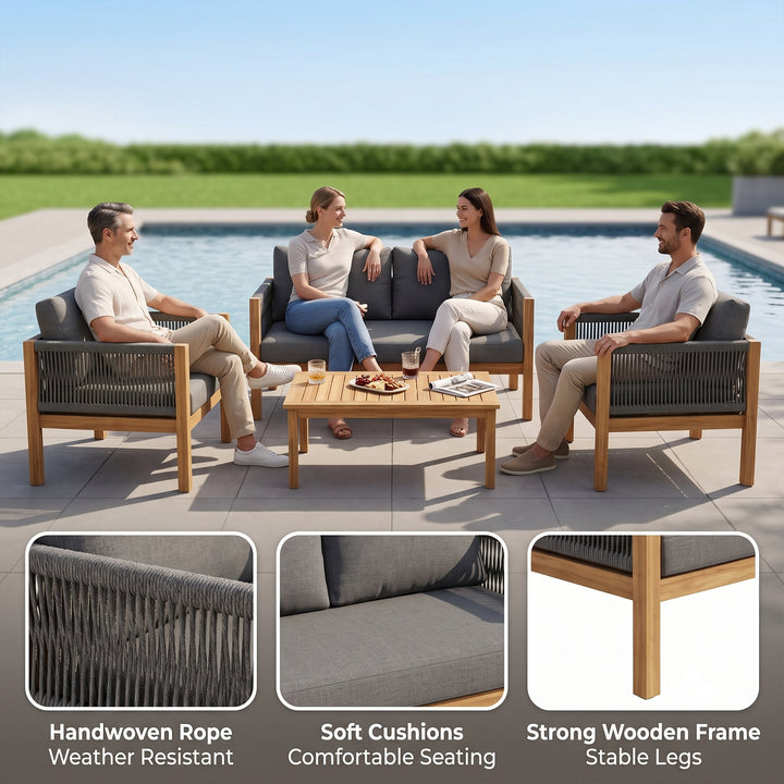 Loom Outdoor Garden Balcony Sofa Set 2 Seater , 2 Single Seater 1 Center Table Set (Grey) Braided and Rope