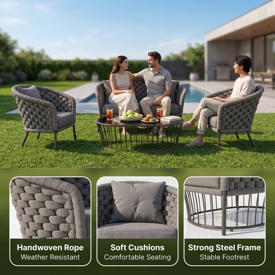 Aero Outdoor Garden Balcony Sofa Set 2 Seater , 2 Single Seater 1 Center Table Set (Grey) Braided and Rope