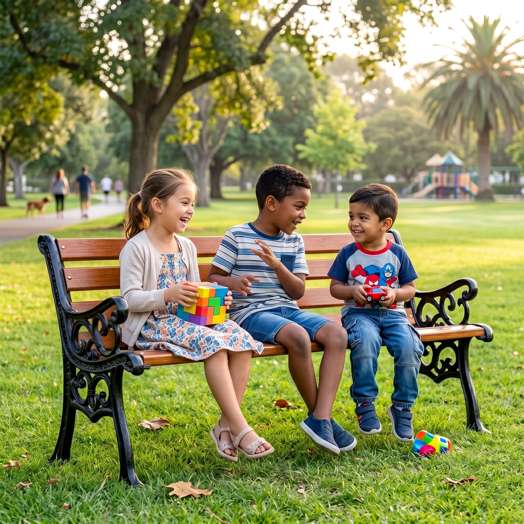 Lynn Cast Iron 3 Seater FRP Garden Bench for Outdoor Park - (Black+ Wooden Texture)