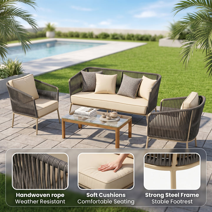 Ciro Outdoor Sofa Set 2 Seater , 2 Single seater and 1 Center Table (Dark Grey + Beige) Braided & Rope