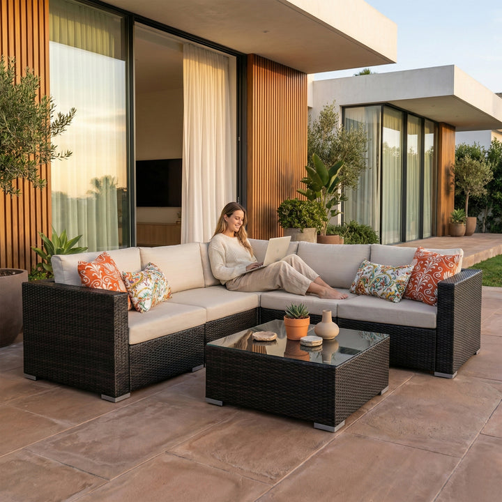 Marea Outdoor Patio Sofa Set 6 seater and 1 Center Table (Brown)