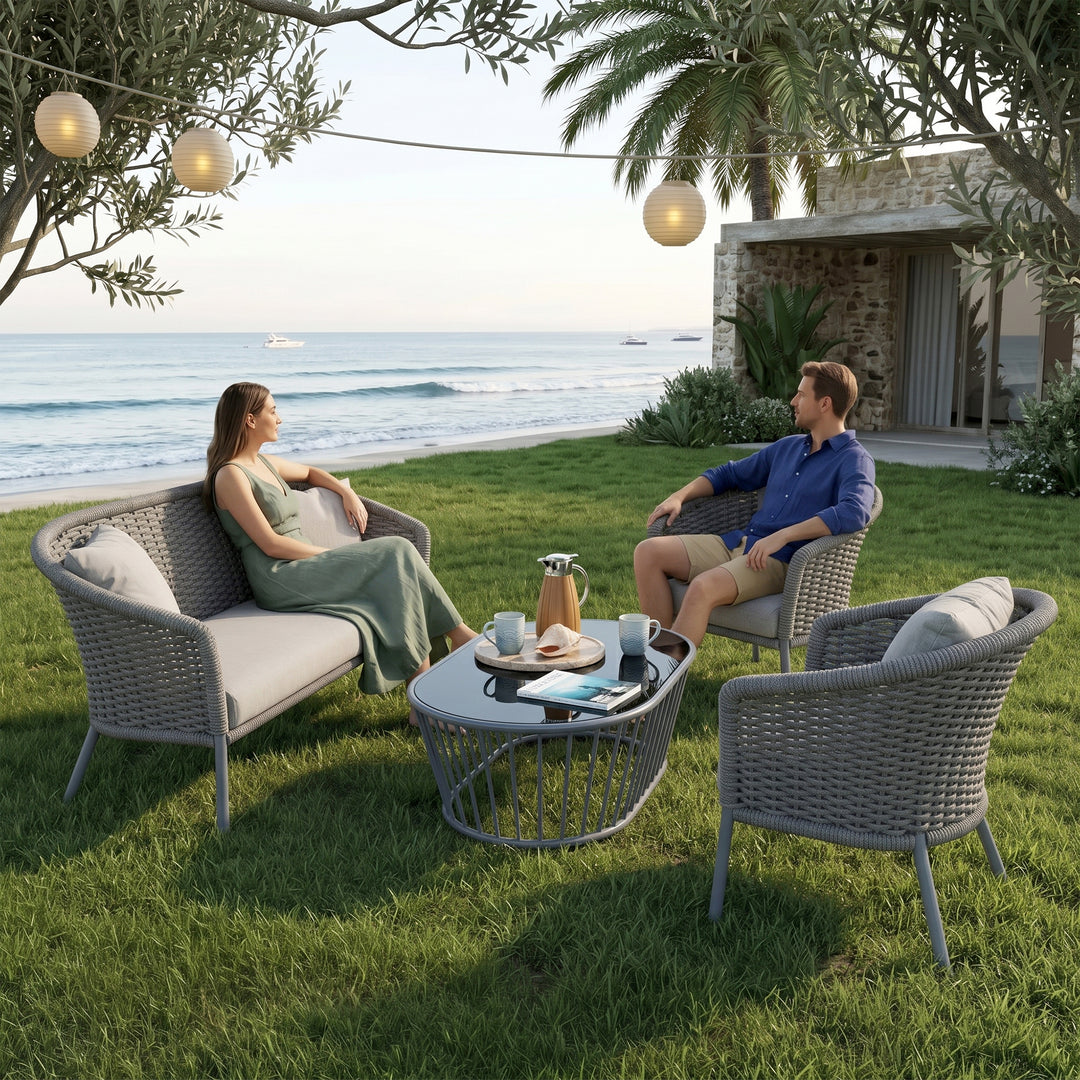 Eira Outdoor Garden Balcony Sofa Set 2 Seater , 2 Single Seater 1 Center Table Set (Black) Braided and Rope