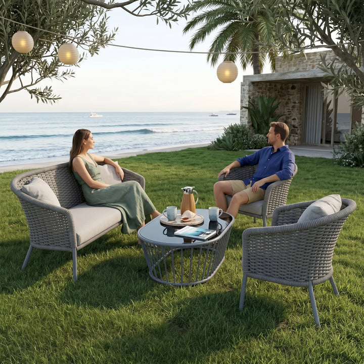 Eira Outdoor Garden Balcony Sofa Set 2 Seater , 2 Single Seater 1 Center Table Set (Black) Braided and Rope